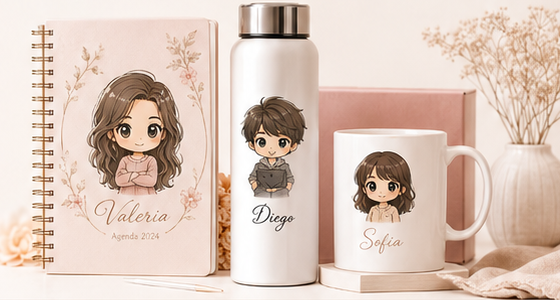Agenda, termo y taza personalizados estilo chibi